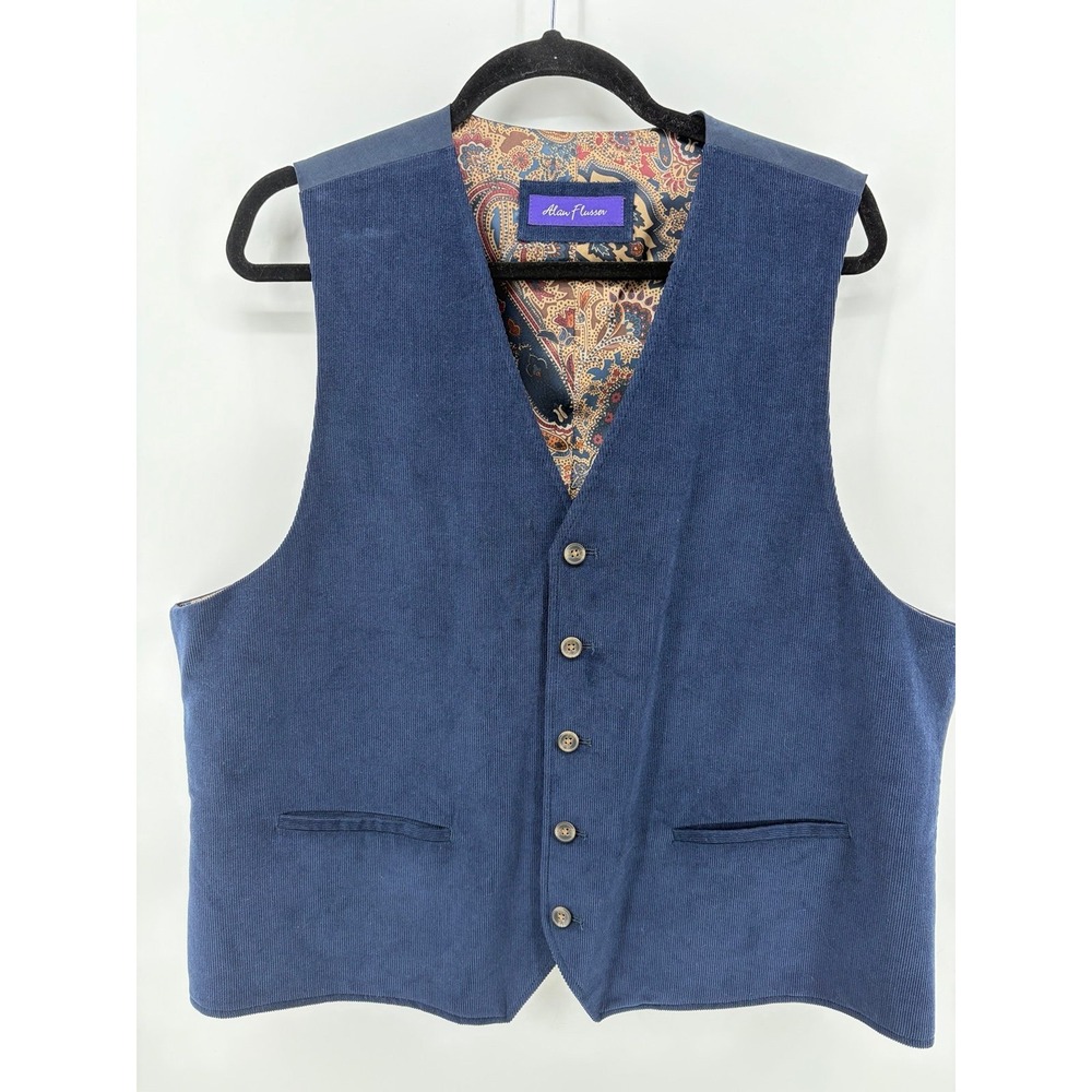Alan Flusser, Navy Corduroy Vest, Paisley Inner Lining, Men's Size XL, Pre-Own
